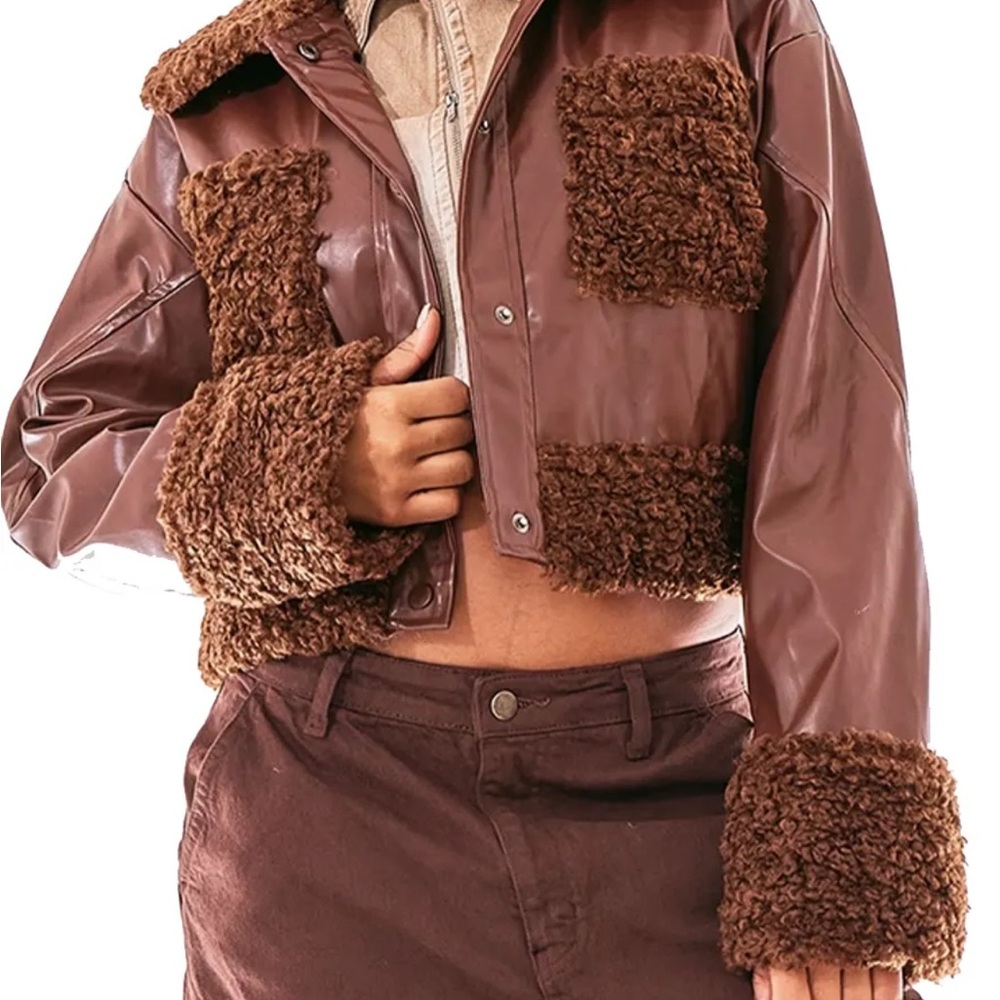 Prettylittlething Brown Faux Leather and Fur Women's Jacket